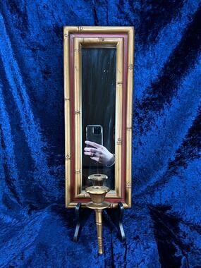 Vintage Burwood Mirrored Candle Sconce - Gold Faux Bamboo Framed Wall Decor